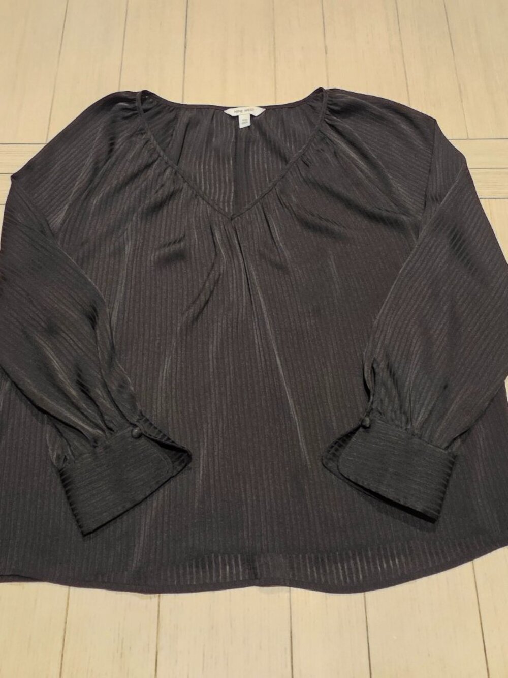 Nine West Black Shadow Stripe V Neck Blouson Blouse | Size XXL